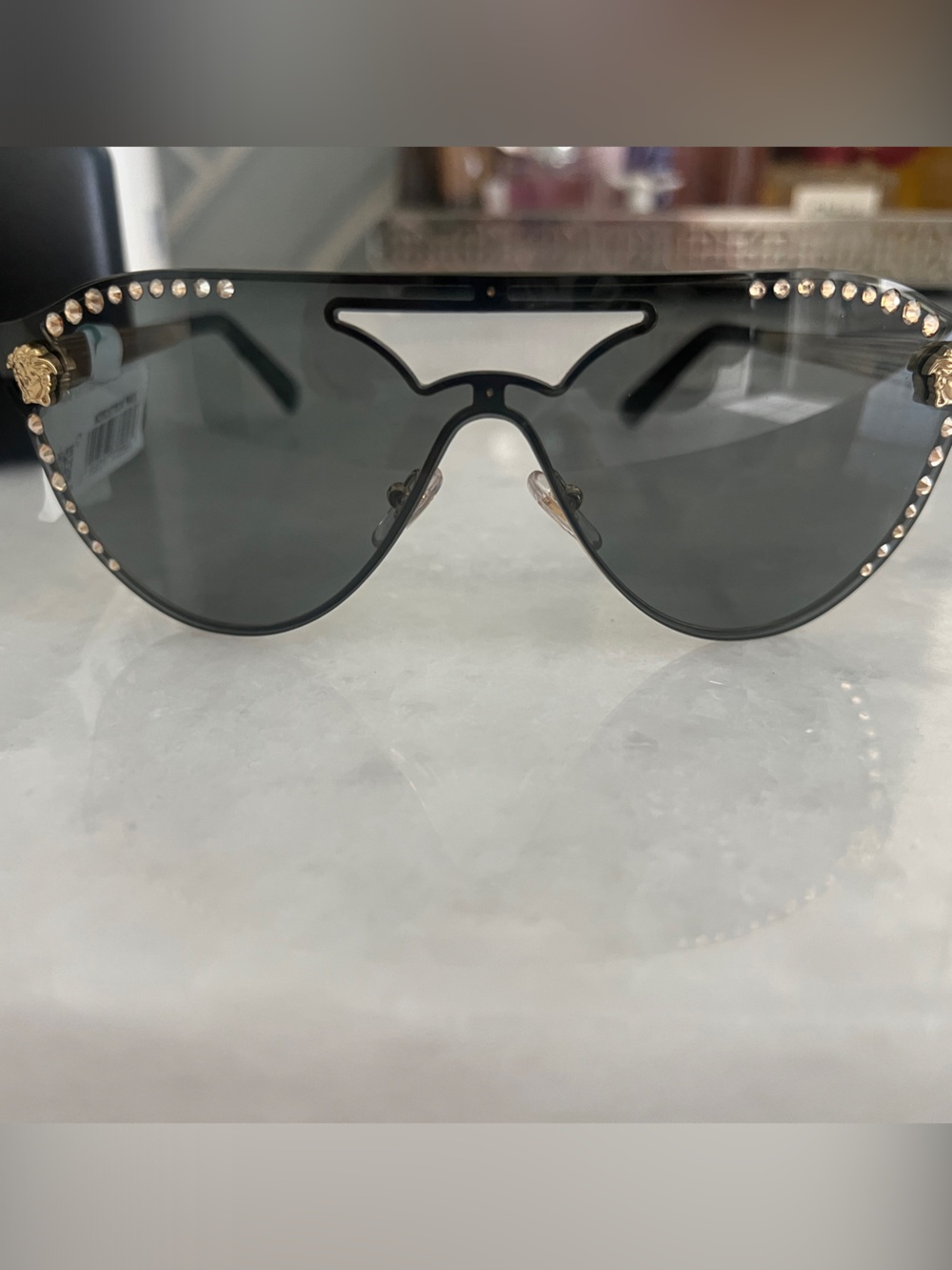 Versace Black Shield Sunglasses with Gold Medusa Accents
